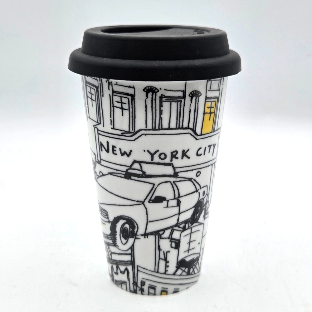 DKNY by Lenox "CITI TAXI" Coffee Travel Mug with Silicone Lid  Black and White